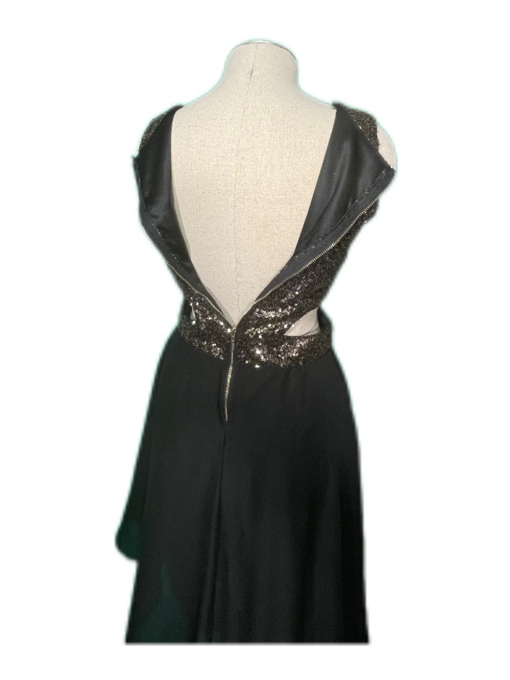 Vintage Black Gold Sequin Dress | Chiffon Skirt Side Cutouts | Small Extra Small - Picture 5 of 12